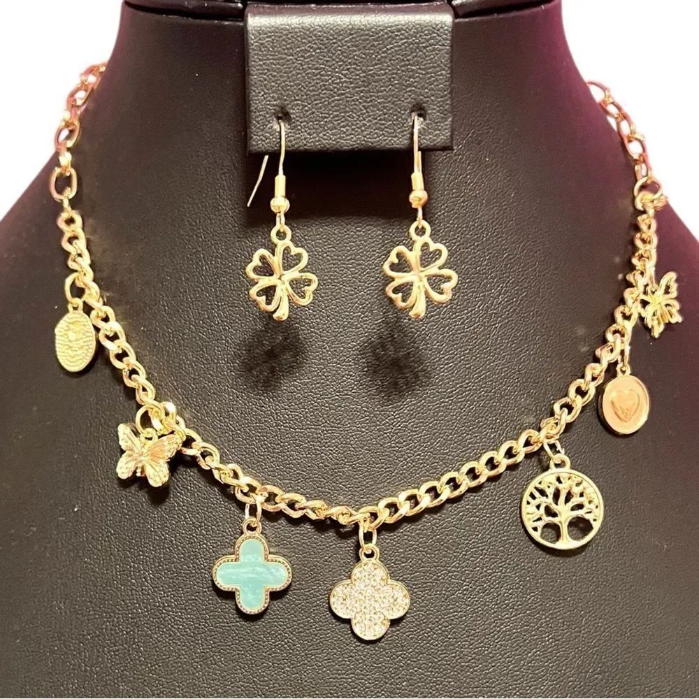 Gold Tone Blue And Crystal Clover Butterfly Heart Charm Necklace and Earring Set